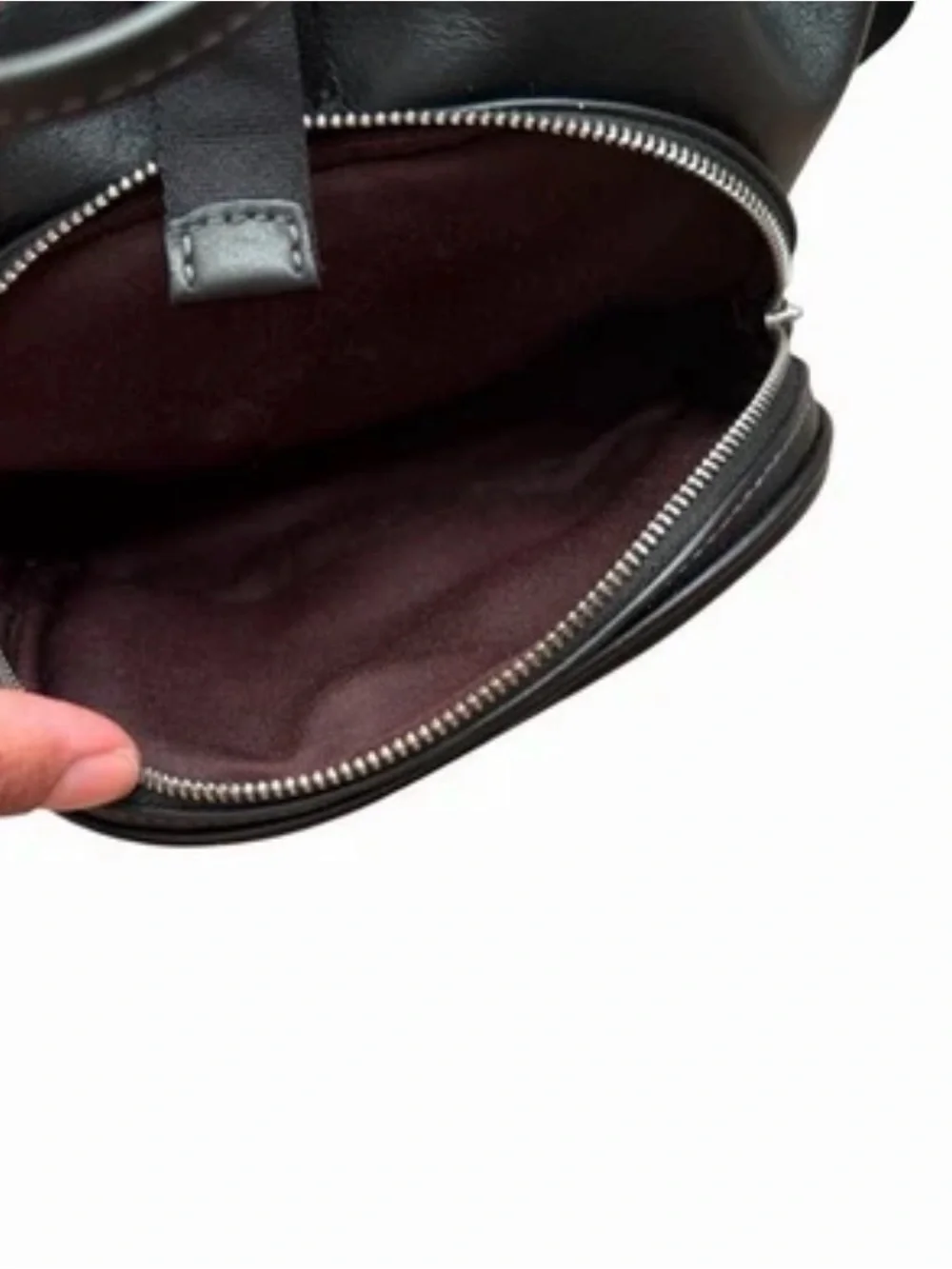 Coach Black Leather Drawstring Backpack with Front Zip Compartment